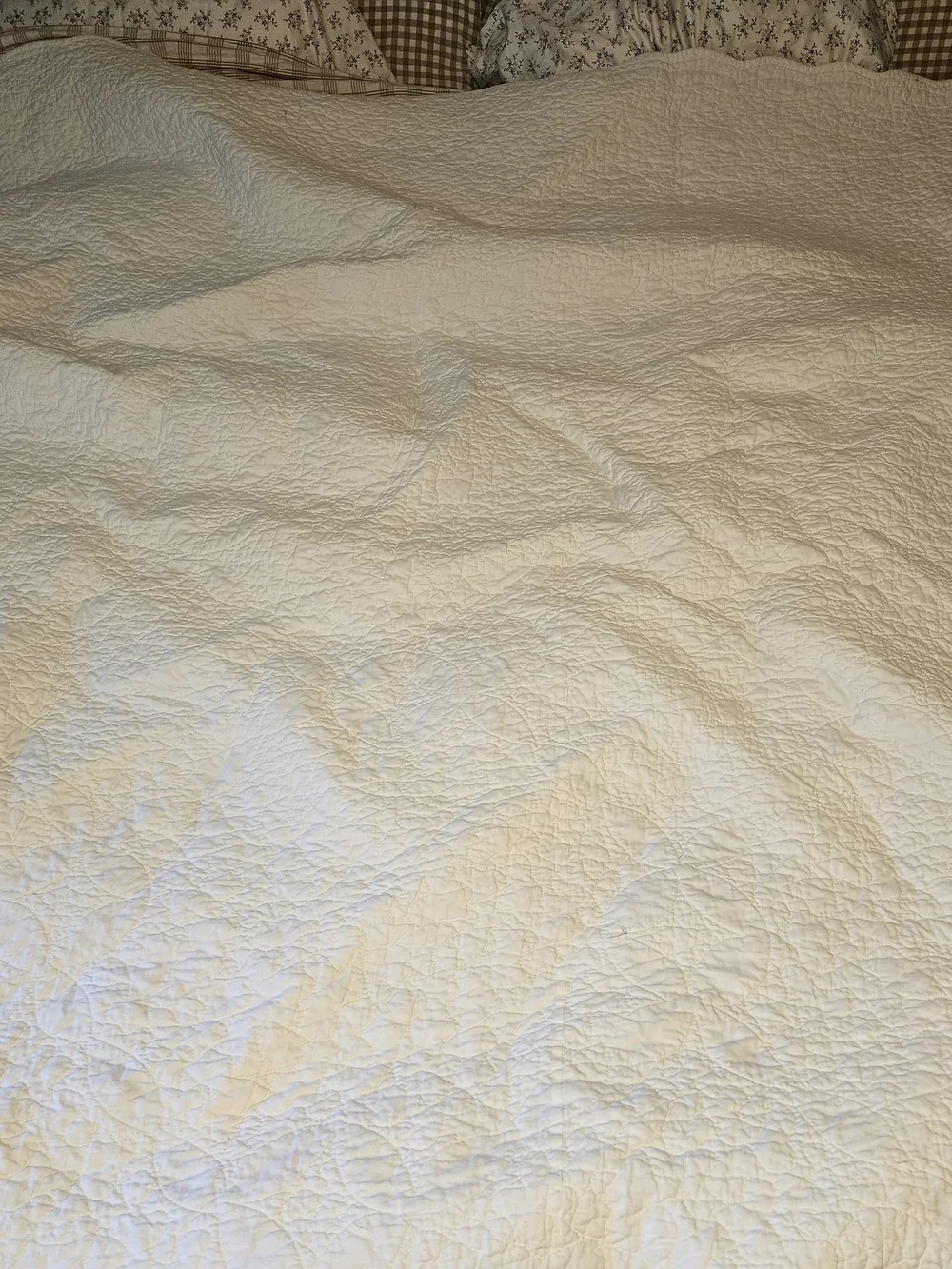 White Quilted Bedspread with Lavender and Sage Ring Pattern